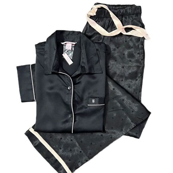 Victorias Secret Silky Satin thick pants & soft button down top pajama set black - Picture 1 of 10
